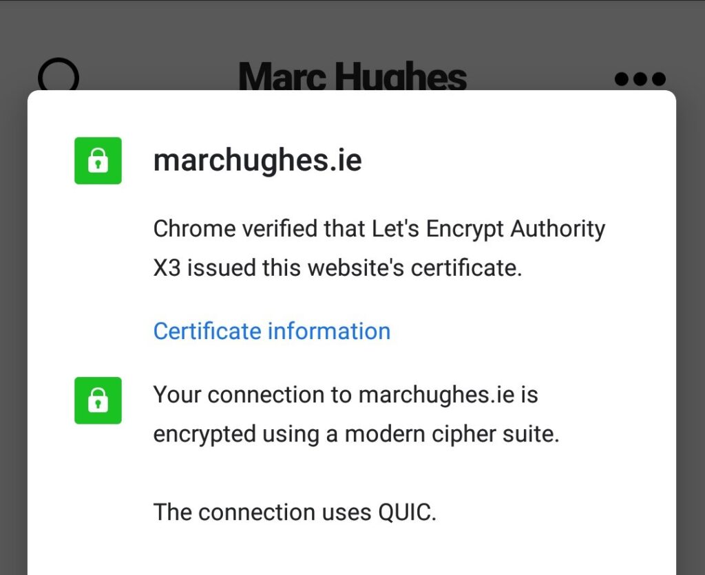 Example of QUIC, Evidence that connections to marchughes.ie are using QUIC.